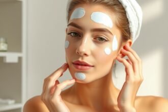 Nő bőrápolási rutin közben, arcbőrére krémeket visz fel.