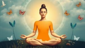 womensway 125 Meditáló nő fénnyel és pillangókkal, a belső béke szimbóluma.