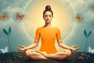 Meditáló nő fénnyel és pillangókkal, a belső béke szimbóluma.