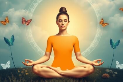 Meditáló nő fénnyel és pillangókkal, a belső béke szimbóluma.