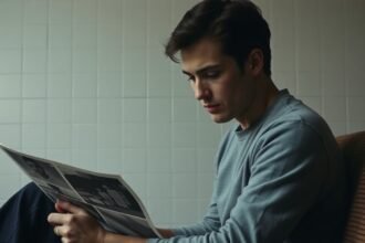 Fiatal férfi, aki szomorúan néz egy folyóiratra, a múltjára gondolva.