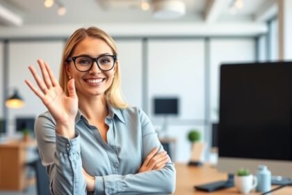 Magabiztos nő munkakörnyezetben, mosolyogva köszönti a nézőt.