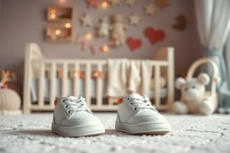 Baba első cipője a gyerekszobában, puha és könnyű anyagból.