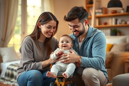 Fiatal szülők boldogan nézik újszülött gyermeküket a nappaliban.