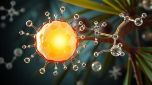 Kókuszolaj MCT molekulák ábrázolása tudományos stílusban.