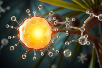 Kókuszolaj MCT molekulák ábrázolása tudományos stílusban.