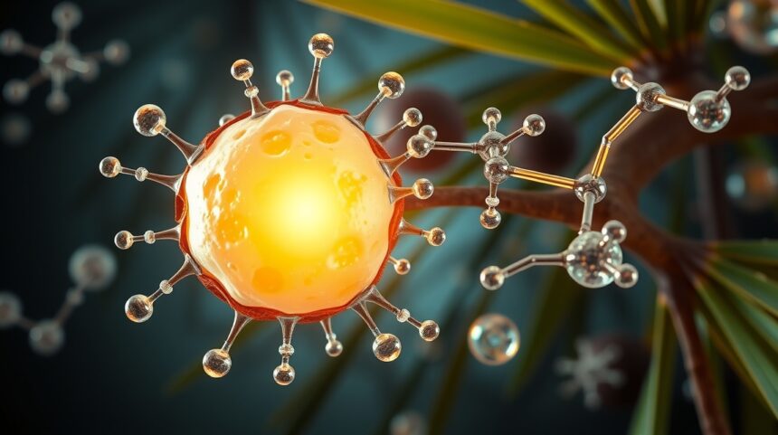 A kókuszolaj MCT-tartalma és az energianyerés támogatása 1 Kókuszolaj MCT molekulák ábrázolása tudományos stílusban.