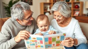 Kisbaba nagyszülőkkel közös élménynaptár használat közben