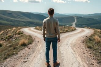 Férfi, aki egy elágazáshoz érkezett a természetben, döntés előtt áll.