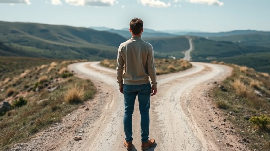 Férfi, aki egy elágazáshoz érkezett a természetben, döntés előtt áll.