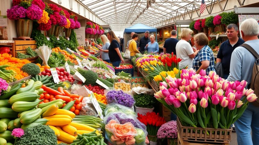 Baba tavaszi bevásárlás: szezonális alapanyagok nyomában 1 Friss zöldségek és virágok tavaszi piacon, babaételek készítéséhez.