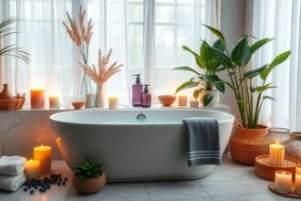 Stílusos fürdőszoba otthoni wellness élményhez, gyertyákkal és növényekkel.