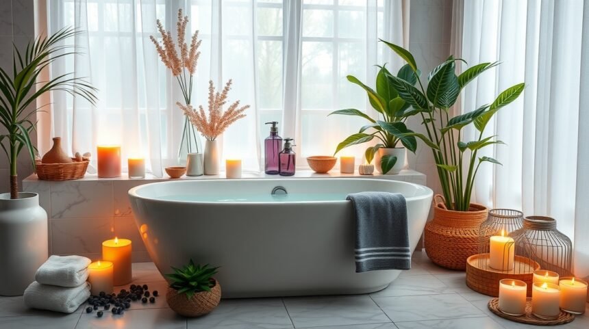 Stílusos fürdőszoba otthoni wellness élményhez, gyertyákkal és növényekkel.