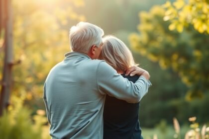 Idős pár ölelkezik egy gyönyörű természetes környezetben.