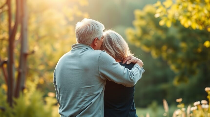 Hogyan lépj túl egy megcsaláson és maradj együtt: 15 hasznos tipp 1 Idős pár ölelkezik egy gyönyörű természetes környezetben.