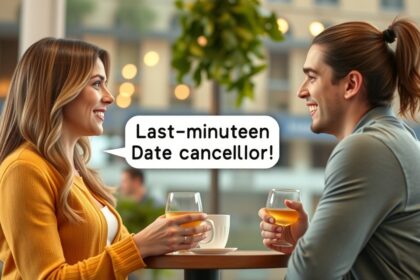 Fiatal pár mosolyogva beszélget egy kávézóban, randevú lemondásáról.