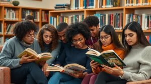 Fiatalok közös olvasás közben, könyvtárban.