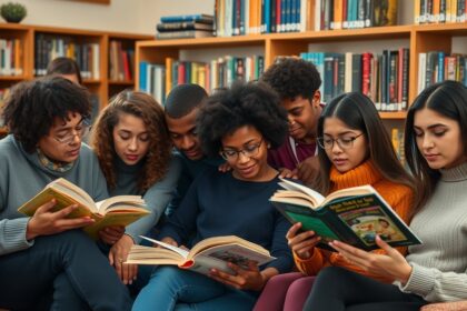 Fiatalok közös olvasás közben, könyvtárban.