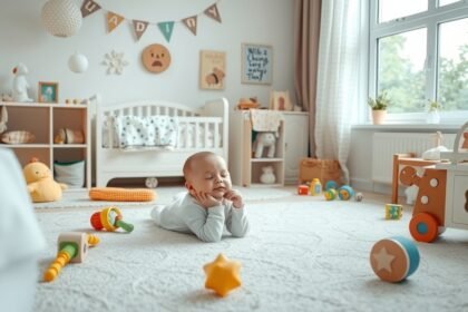 Baba pihen a gyermek szobában játékok között, biztonságos környezetben.