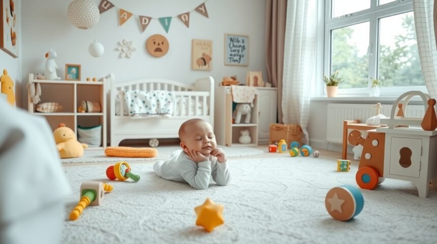 Baba pihen a gyermek szobában játékok között, biztonságos környezetben.