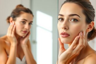 Női arcbőrápolás pattanások nélkül, tükröződve egy fürdőszobában.