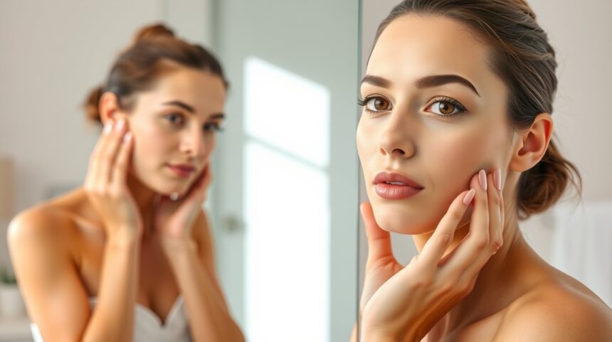 5 egyszerű lépés a tiszta arcbőrért pattanások nélkül 1 Női arcbőrápolás pattanások nélkül, tükröződve egy fürdőszobában.