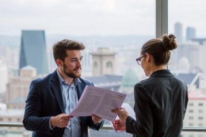 Két ember ingatlanvásárlási papírokat beszélget a város fölött.