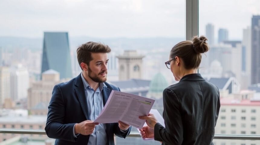 A közös lakásvásárlás nehézségei 1 Két ember ingatlanvásárlási papírokat beszélget a város fölött.