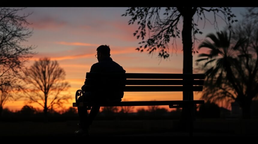 Férfi ül egy padon naplementekor, mély gondolatokkal