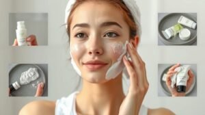 Egy fiatal nő, aki arctisztító termékeket használ arctisztítás közben.