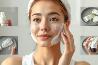 Egy fiatal nő, aki arctisztító termékeket használ arctisztítás közben.