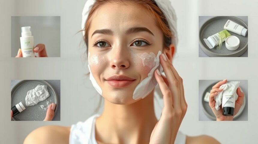 Egy fiatal nő, aki arctisztító termékeket használ arctisztítás közben.