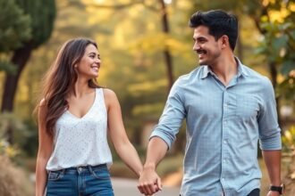 Egy pár boldogan kézen fogva sétál a természetben.