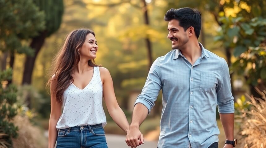 8 jel, hogy érzelmileg érett és értékes partnerrel randizol 1 Egy pár boldogan kézen fogva sétál a természetben.