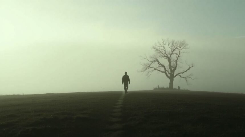 8 napi szokás, amelyek segítenek érzelmileg eltávolodni valakitől 1 Egy magányos ember sétál egy ködös tájon, egy fa mellett.
