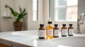 Különböző szérumok egy mosdópulton, bőrápoláshoz.