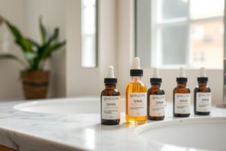 Különböző szérumok egy mosdópulton, bőrápoláshoz.