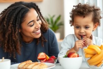 Anya és kisgyermeke közös reggelije tápláló ételekkel.