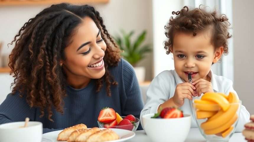 Anya és kisgyermeke közös reggelije tápláló ételekkel.