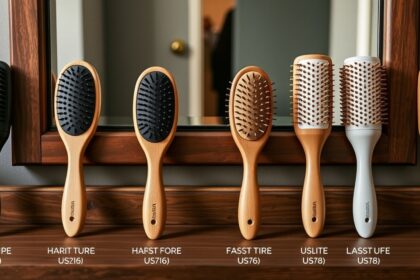 Különböző típusú hajkefék állnak egy tükör előtt.