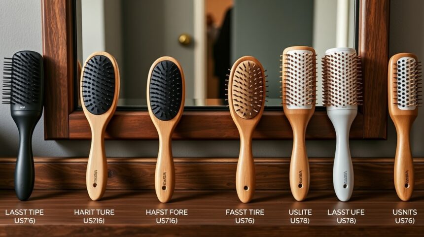 Különböző típusú hajkefék állnak egy tükör előtt.