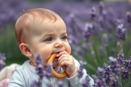 Baba rágóka lila virágok között, fogzási fájdalom enyhítésére