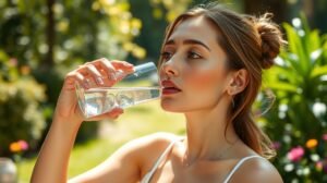 Nő szép bőrrel, vízivás közben a természetben.