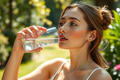 Nő szép bőrrel, vízivás közben a természetben.