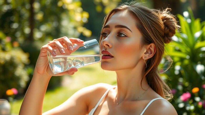 Belső hidratálás: Mit igyál a szép bőrért? 1 Nő szép bőrrel, vízivás közben a természetben.