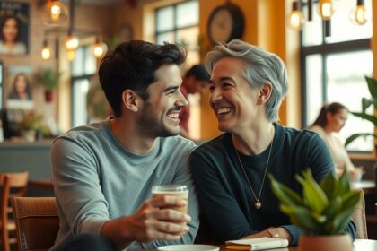 Fiatalabb férfival randizó pár boldogan nevetve egy kávézóban.