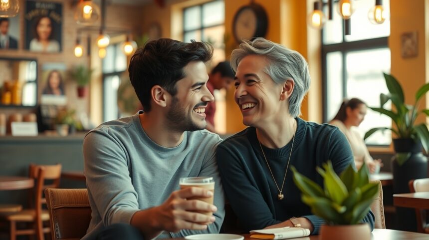 Fiatalabb férfival randizó pár boldogan nevetve egy kávézóban.