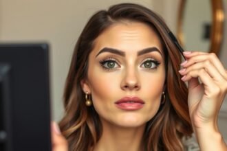 Fókuszban egy nő sminkje, miközben tükörbe néz.