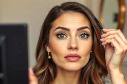 Fókuszban egy nő sminkje, miközben tükörbe néz.