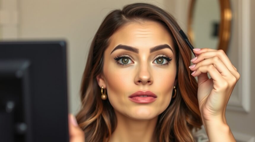 Fókuszban egy nő sminkje, miközben tükörbe néz.